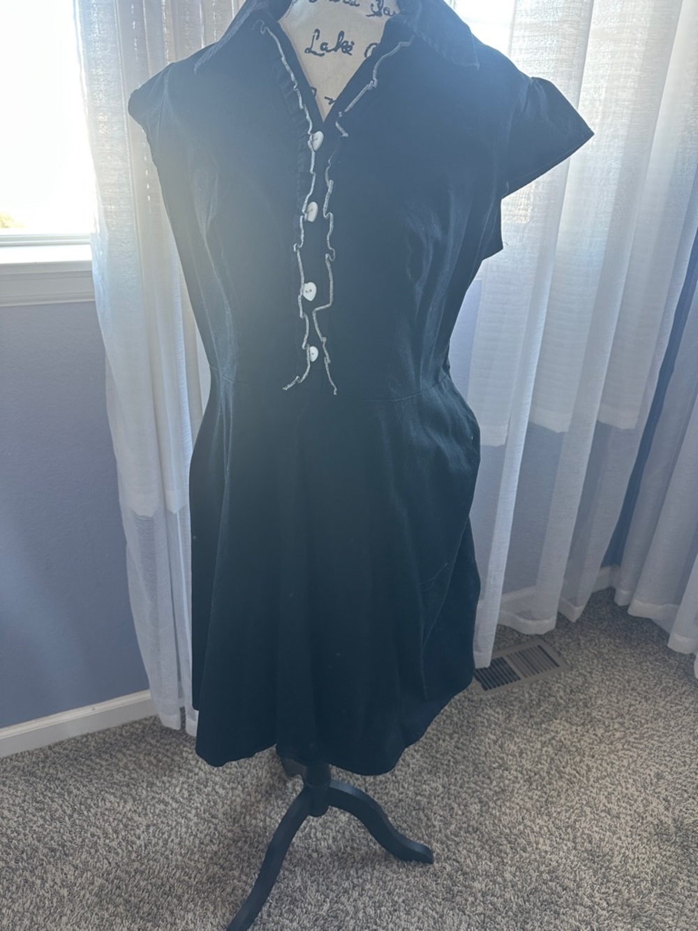 Cap-Sleeve Black Mini Dress with Button-Front Detail